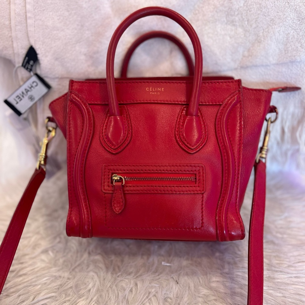 Celine nano luggage red leather crossbody
